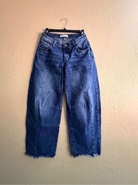 Women's Relaxed Wide Barrel Leg Jeans - Dark Blue raw hem